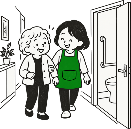 トイレまで腕に手を添えて一緒に歩くスタッフの絵