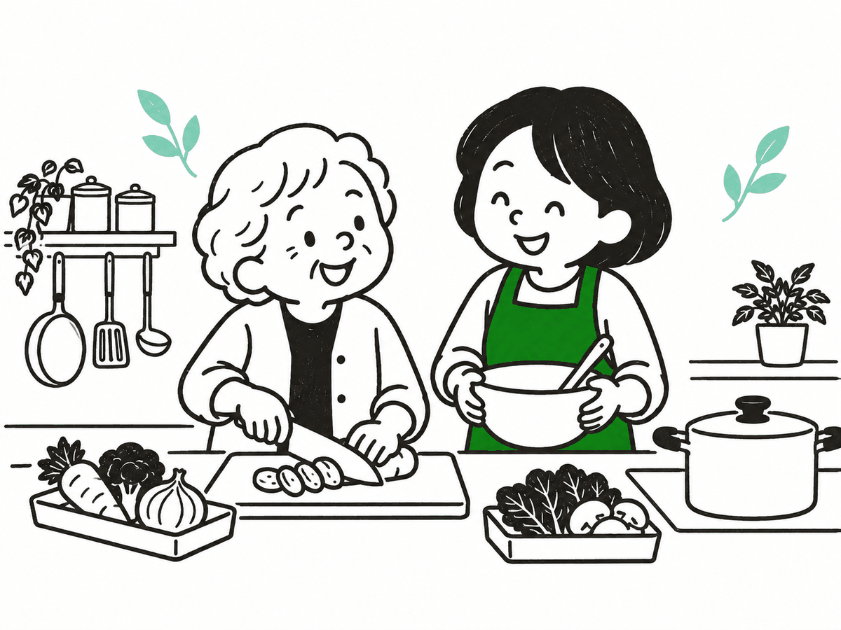 台所で一緒に野菜を切って料理をしている絵