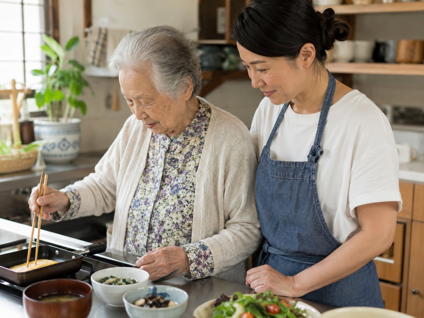 一緒に台所に立って料理をしている様子