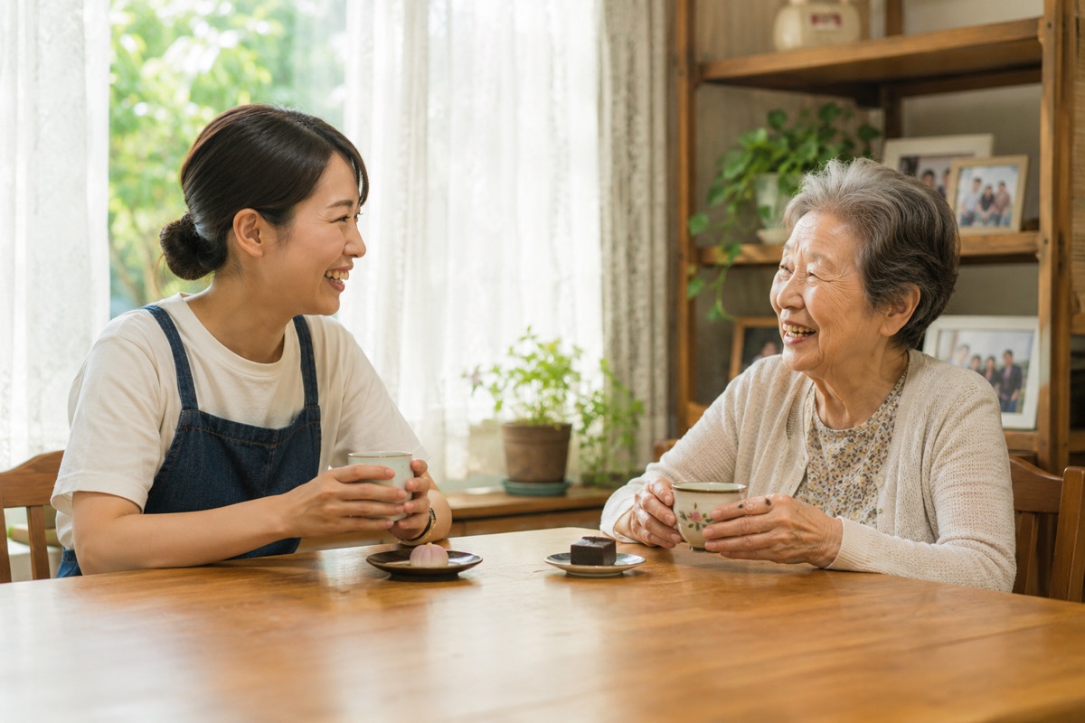 スタッフと女性がテーブルでお茶を飲みながら笑い合っている